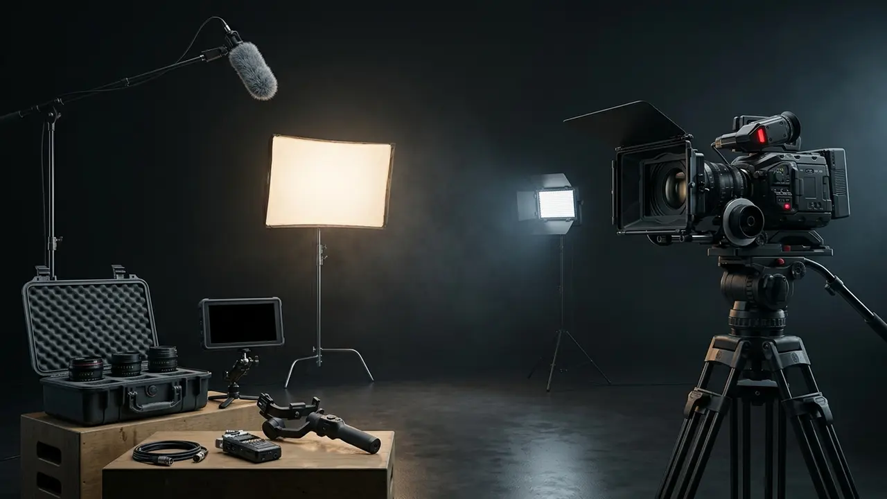 Set de gravação montado: câmera em tripé com matte box, softbox, painel de LED, microfone boom, monitor de campo, maleta de lentes e gimbal